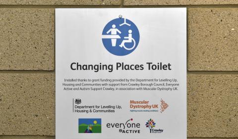 The sign outside the Changing Places toilet showing logos of all the organisations involved.